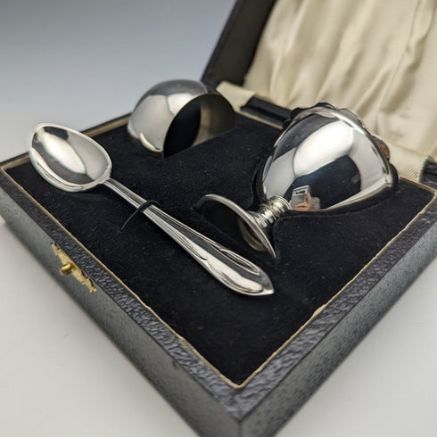 英国ヴィンテージ シルバープレート エッグスタンド&ナプキンリング&スプーンセット 箱入り